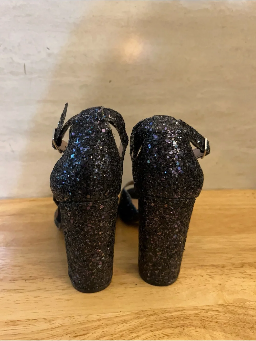 Betsey Johnson Glissten Black Glitter Ankle Strap Sandals.